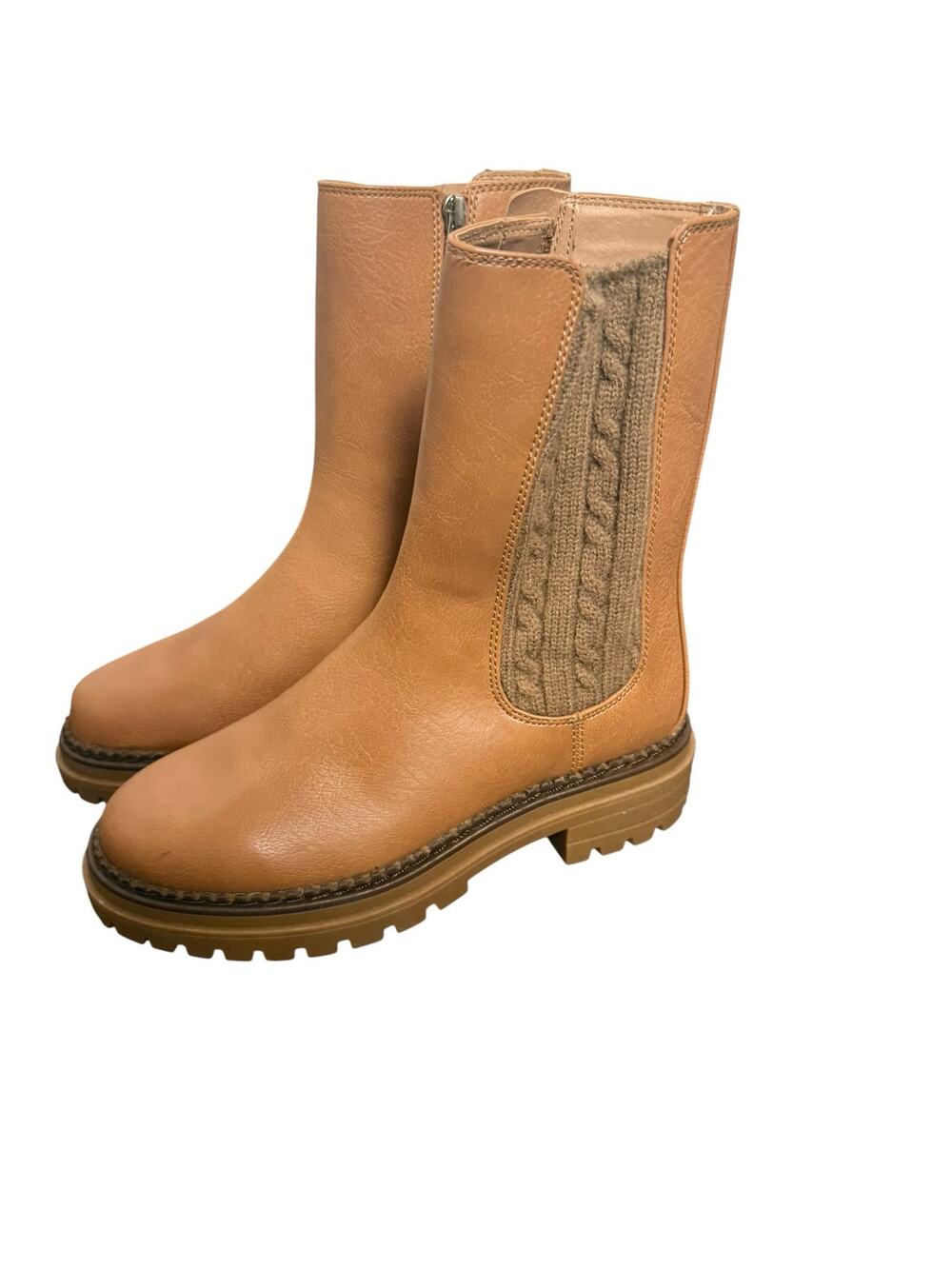 Sam & Libby Scarlett Cognac Brown Faux Leather Cable Knit Tall Chelsea Boots 6